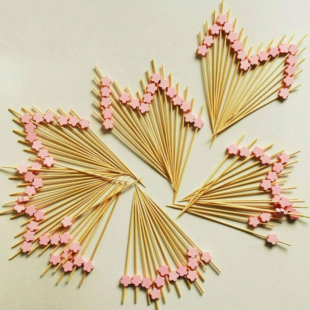 AKOAK 100 Counts Handmade 4.7" Pink Wintersweet Cocktail Sticks Sandwich Fruit Toothpicks Cocktail Picks Party Supplies