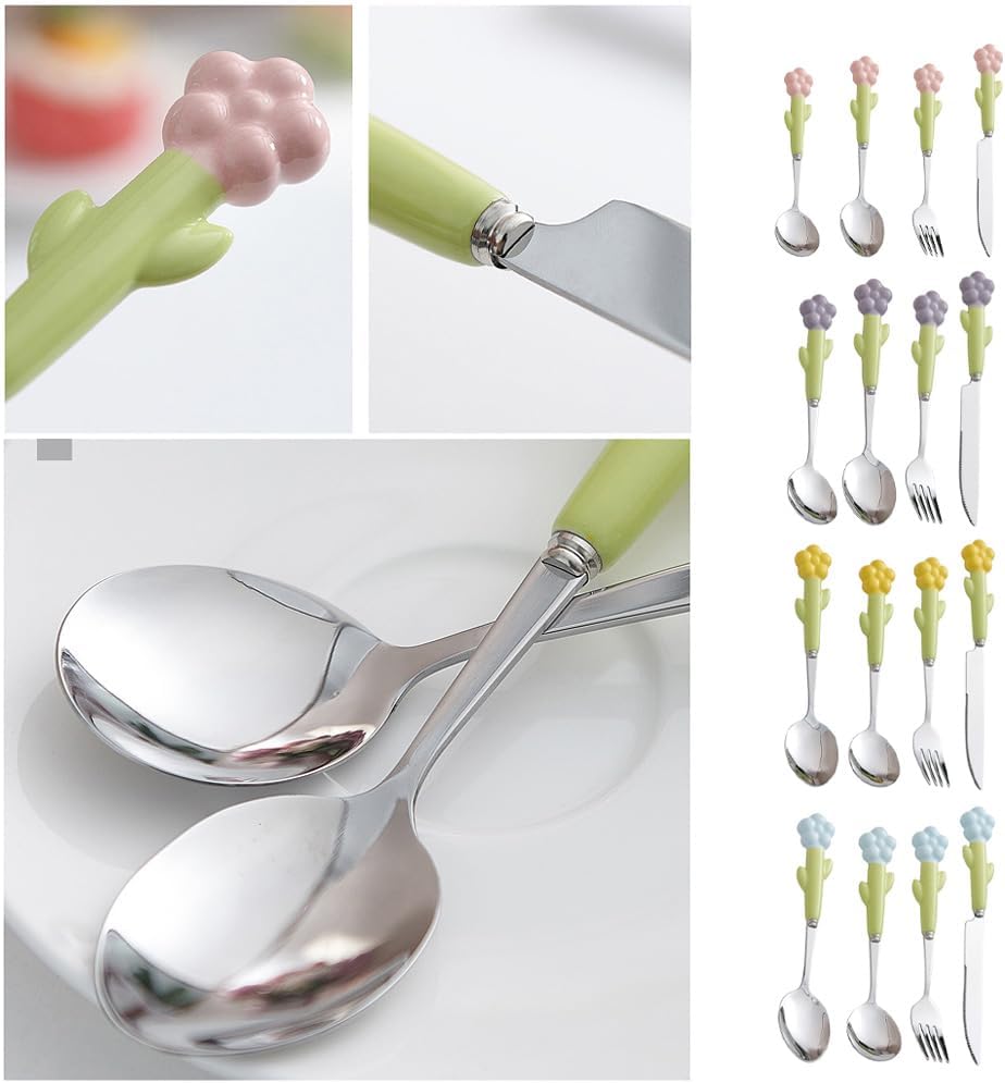 Ceramic Handle Kitchen Stainless Steel Silverware Tableware Flatware Cutlery Set Steak Knife Fork Spoon Dessert Teaspoon Utensils (Pink,4 pieces)