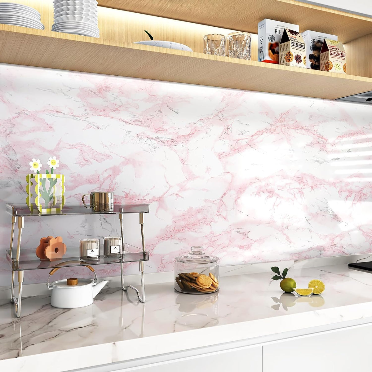 Pink Glossy Marble Contact Paper Peel and Stick Waterproof Self Adhesive Wallpaper 15.7in x 78.8in Countertop Contact Paper Crafts Wall Covering for Table Countertop Cabinet