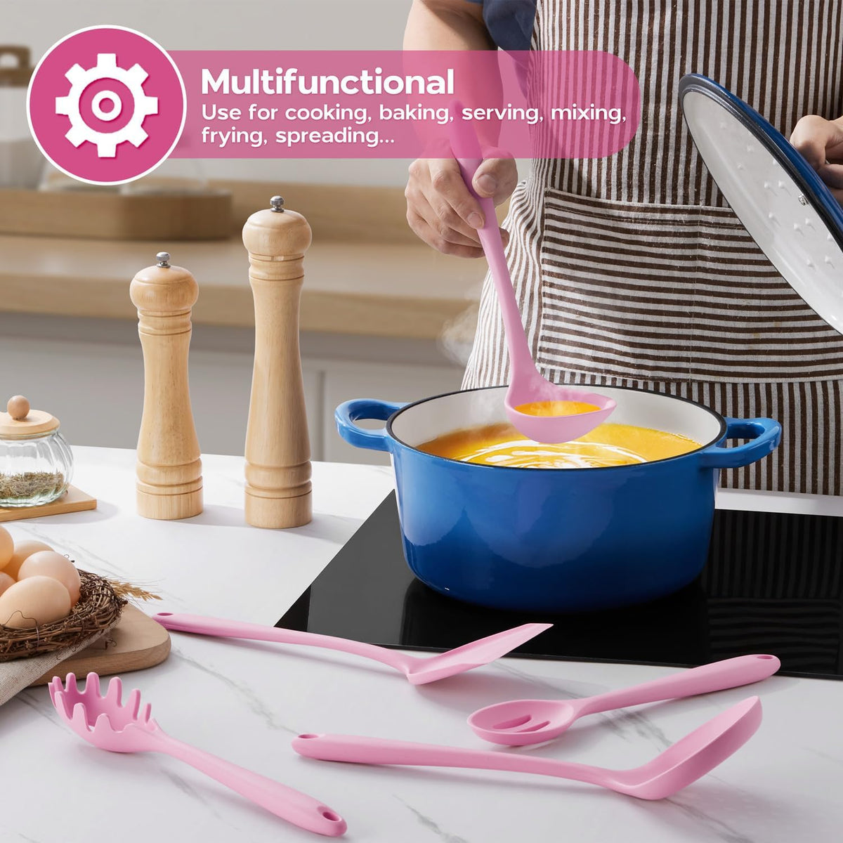 Silicone Cooking Utensils Set, 10 Pieces Kitchen Utensils Set, Pink