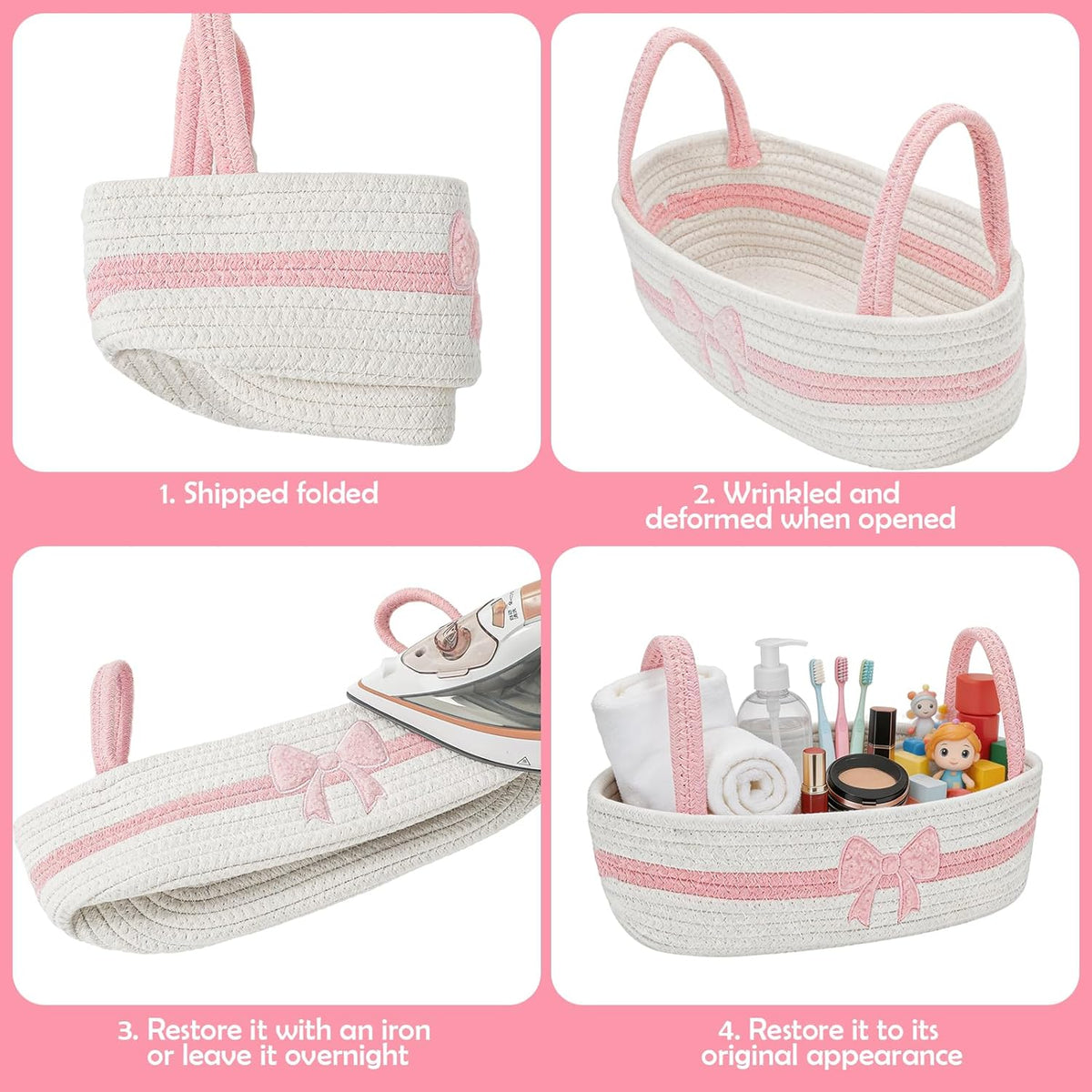 Pink Bow Woven Storage Basket for Toilet Tank Top Boho Bathroom Cotton Rope Organizer Basket with Handle for Shelf Bedroom Living Room Nursery Toys Organizing, 13 x 6 x 4 Inch