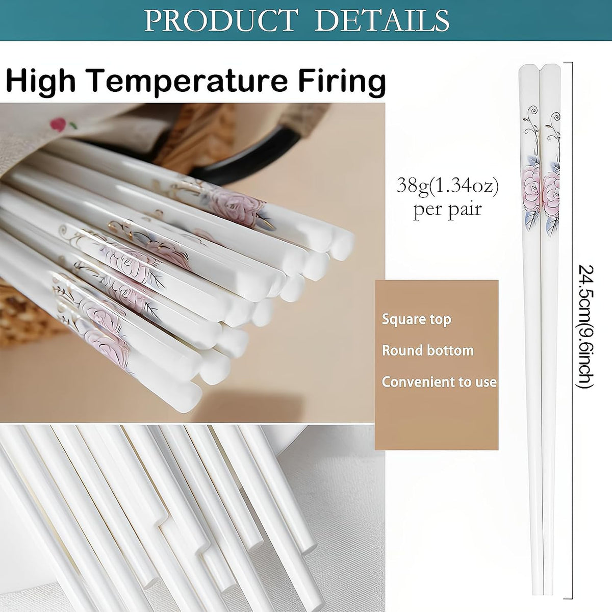 Ceramic Chopsticks 5 Pairs,Pink Peonie,Reusable Porcelain Chop Sticks