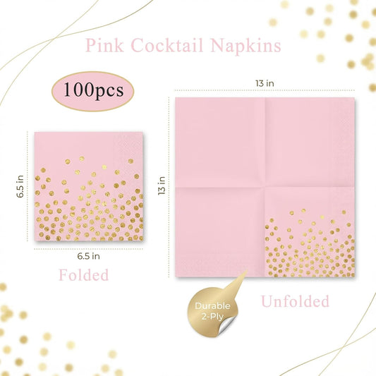 Stylish Paper Napkins 100 Packs,6.5" Pink Paper Napkins with Gold Polka Dots Design,Great Cocktail Napkins,Dinner Napkins Disposable for Labor day Wedding Birthday Party or Daily Use