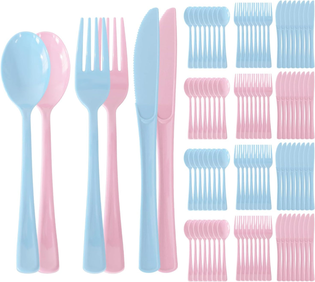 150 Pack Plastic Silverware,Disposable Cutlery Set Heavy Duty Utensil Sets 50 Forks 50 Knives 50 Spoons for Birthday, Wedding,Party,Picnics Restaurant Outdoor Events (Light Blue and Pink)