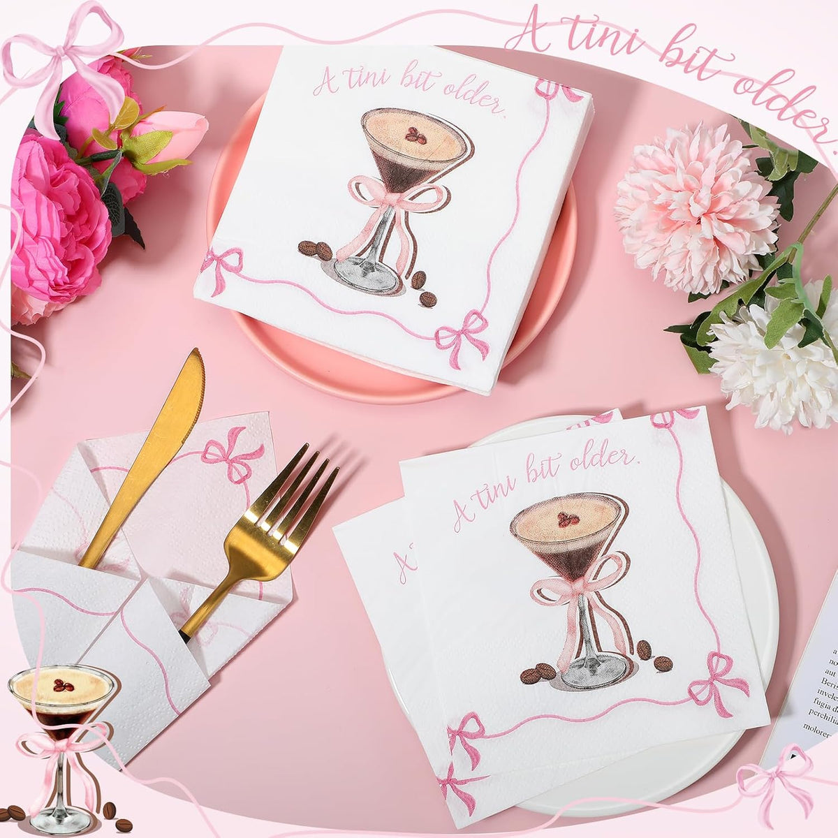 50 Pcs Espresso Martini Napkins a Tini Bit Older Party Supplies Pink Bow Disposable Paper Napkins Bachelorette Party Decorations for Martini Coquette Bar Birthday Decors