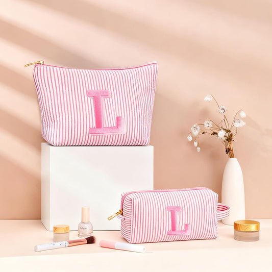 Initial Makeup Bag Set - Cute Light Pink Stuff for Women, Personalized Makeup Pouch Cosmetic Travel Essentials Toiletry Bag, Birthday Christmas Gifts for Women Stocking Stuffers, Light Pink E