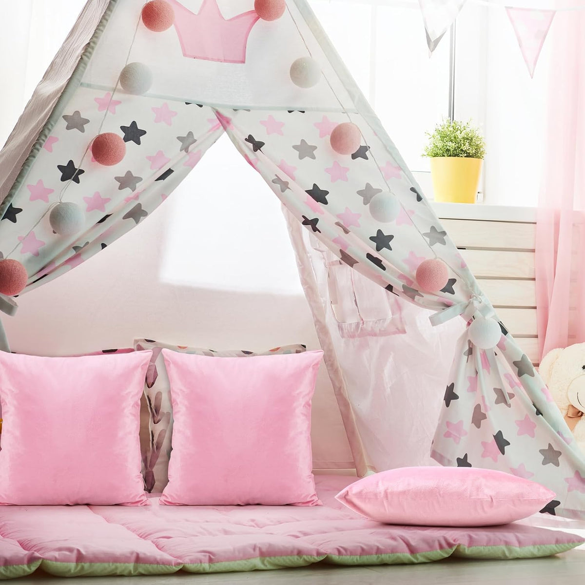 Daifunli 24 Pieces Spa Sleepover Party Supplies for Girls 6 Pink Spa Headband 6 Plush Sleep Eye Mask 6 Pink 18'' x 18'' Velvet Throw Pillow Covers 6 Tote Bags for Slumber Sleepover Party Favor Gift