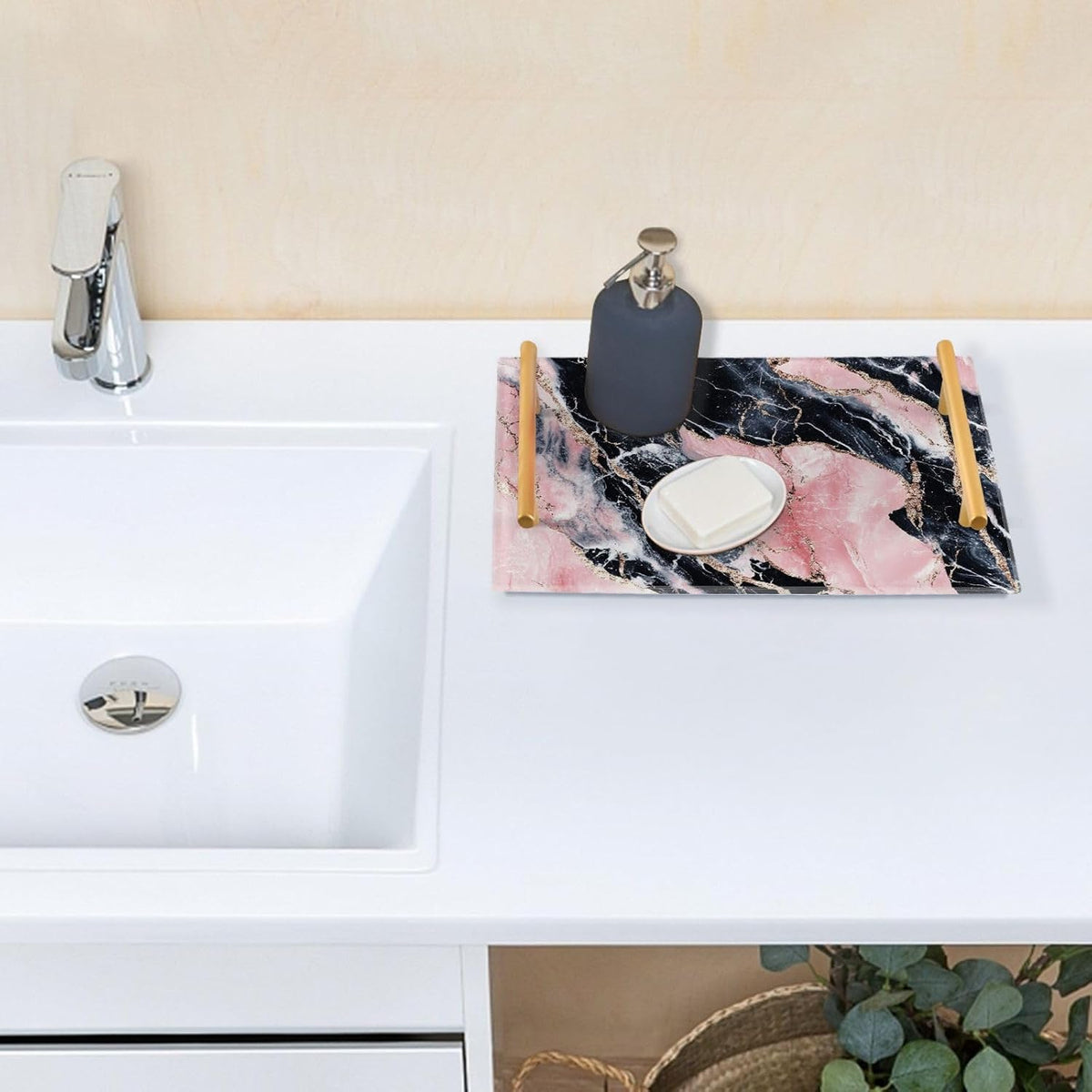 Peach and Black Marble Texture Decorative Vanity Trays with Handles Decorative Trays for Coffee for Jewelry Perfume for Restaurant Serving charolas para desayuno