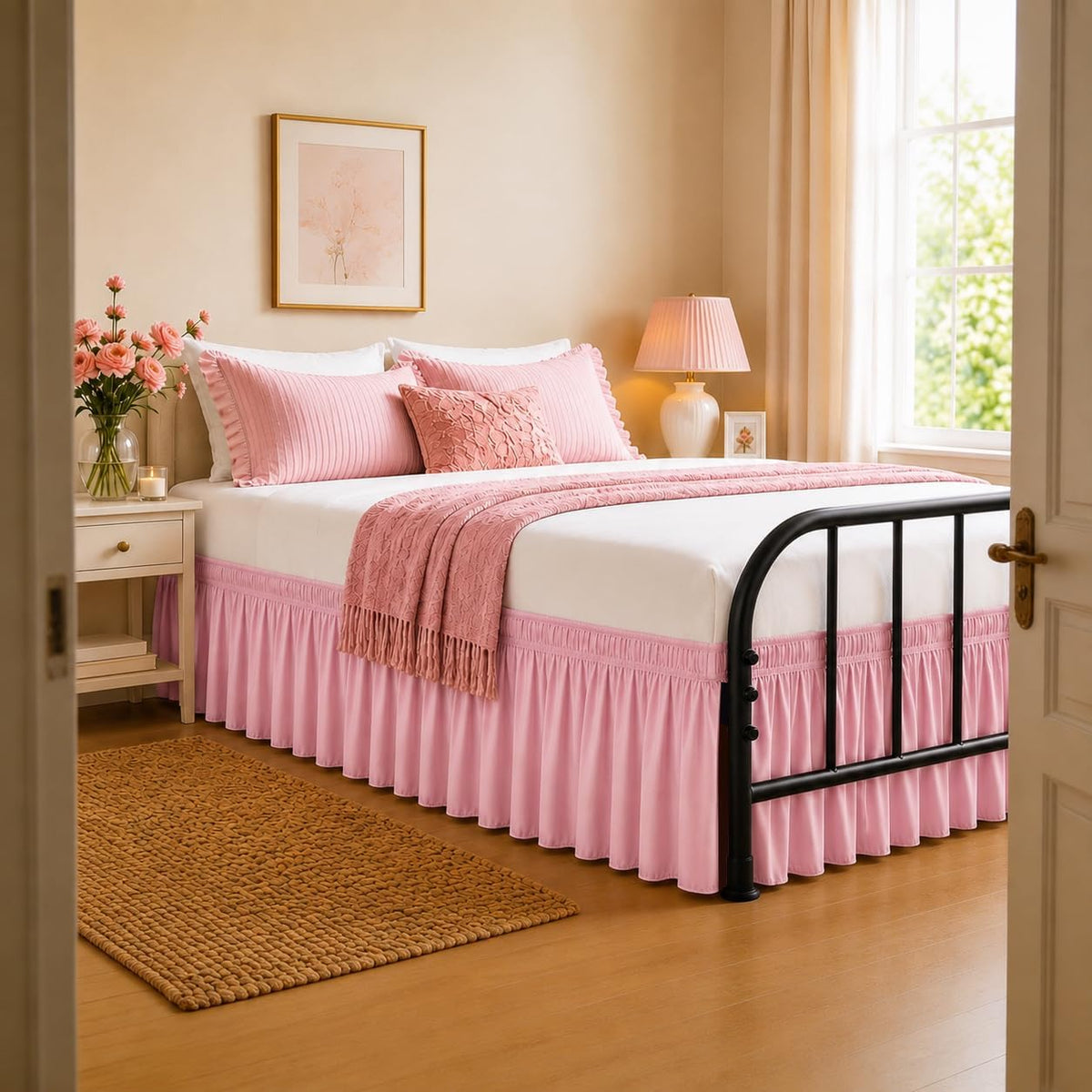 RIMELA Twin Bed Skirt 15 Inch Drop Dusty Pink Split Corners Dust Ruffle