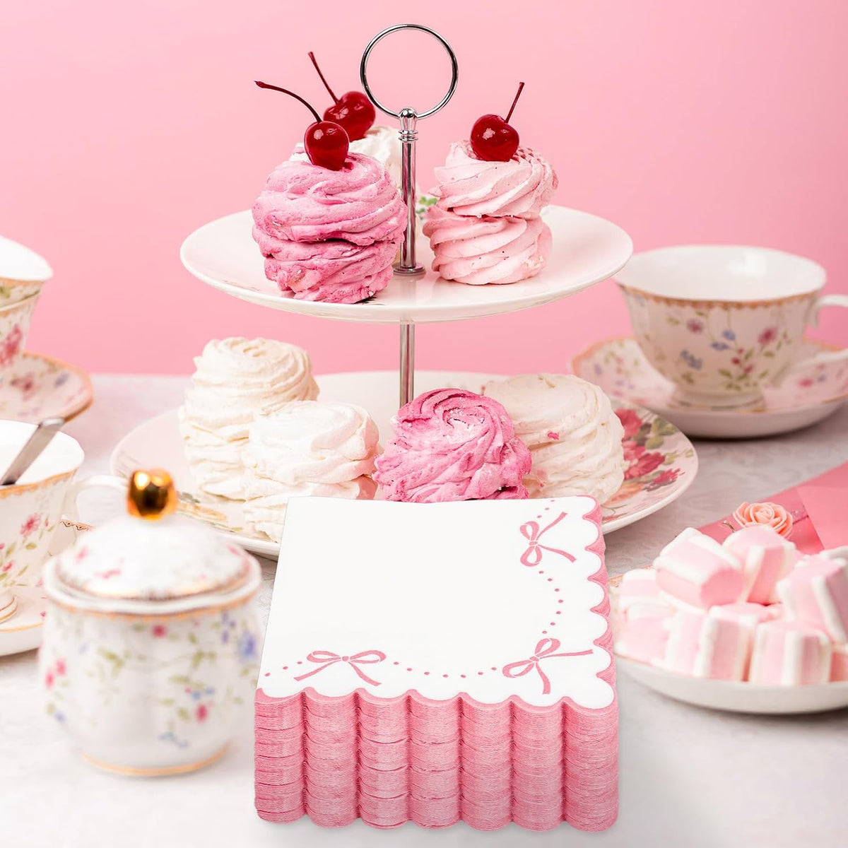 100 Pcs Pink Bow Scalloped Paper Napkin Coquette Bowknot Napkin Disposable Luncheon Dinner Napkins for Home Kitchen Party Supplies