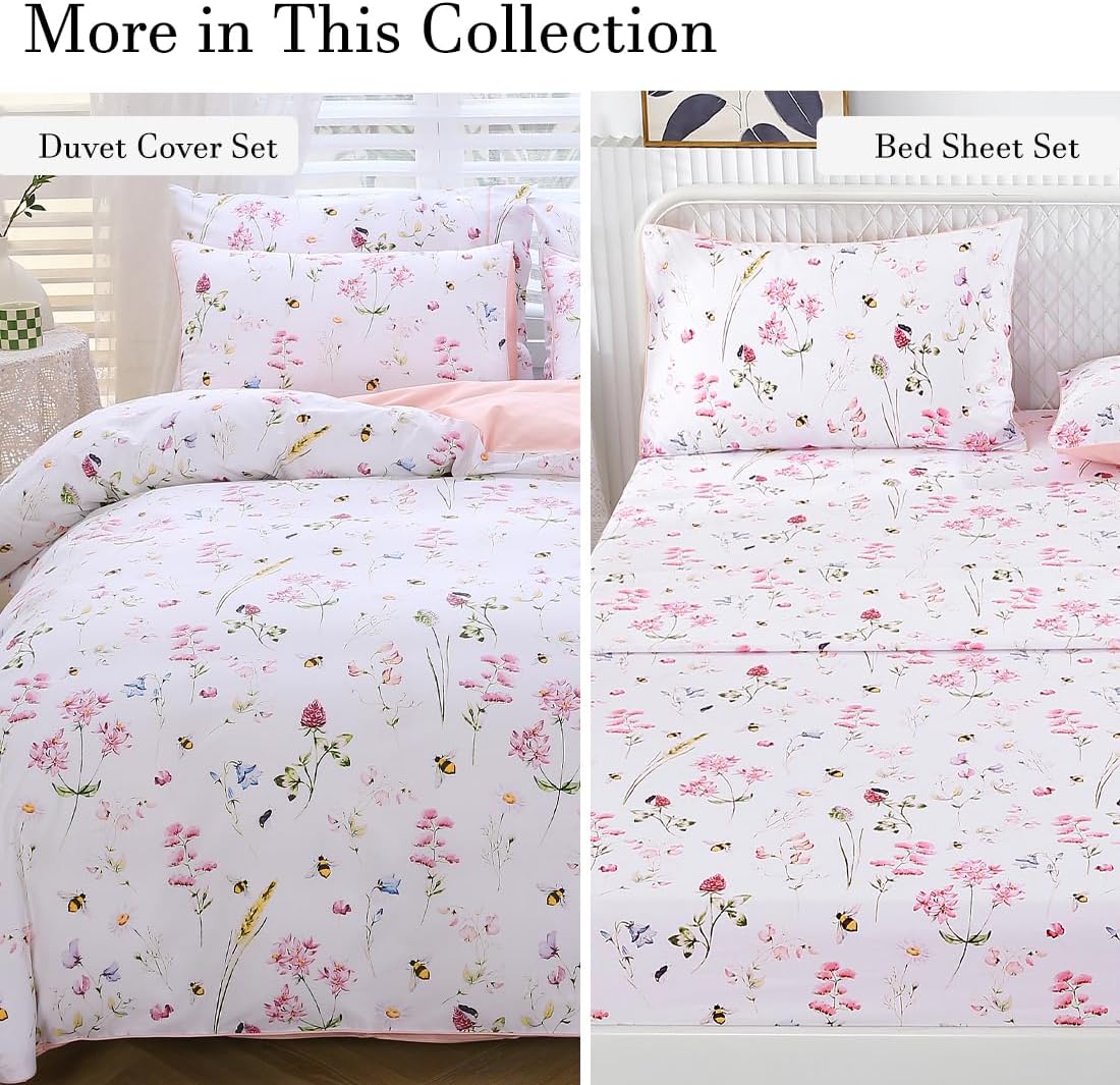 100% Cotton Pillowcases Standard Size Set of 2, Pink Floral & Bee