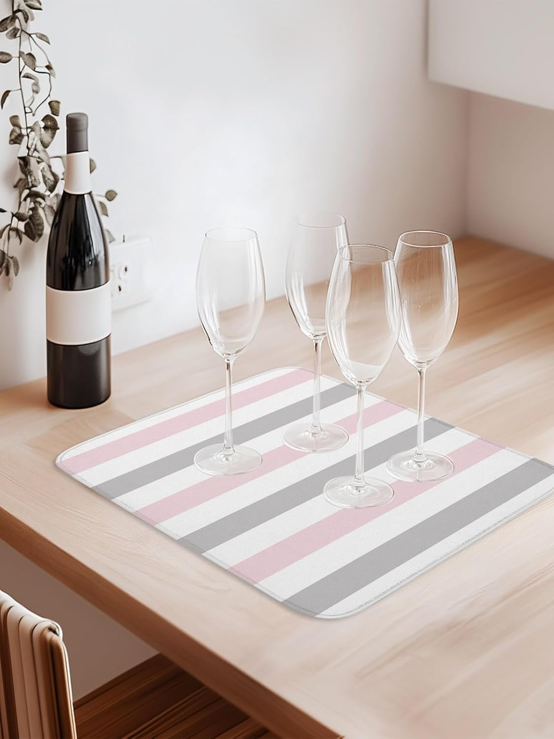 Dish Drying Mat for Kitchen Counter,Modern Pink Gray White Stripe Absorbent Microfiber Drainer Rack Pad Abstract Minimalist Line Quick Dry Mat for Sinks Dishes Utensils 16x18in,1 Pack