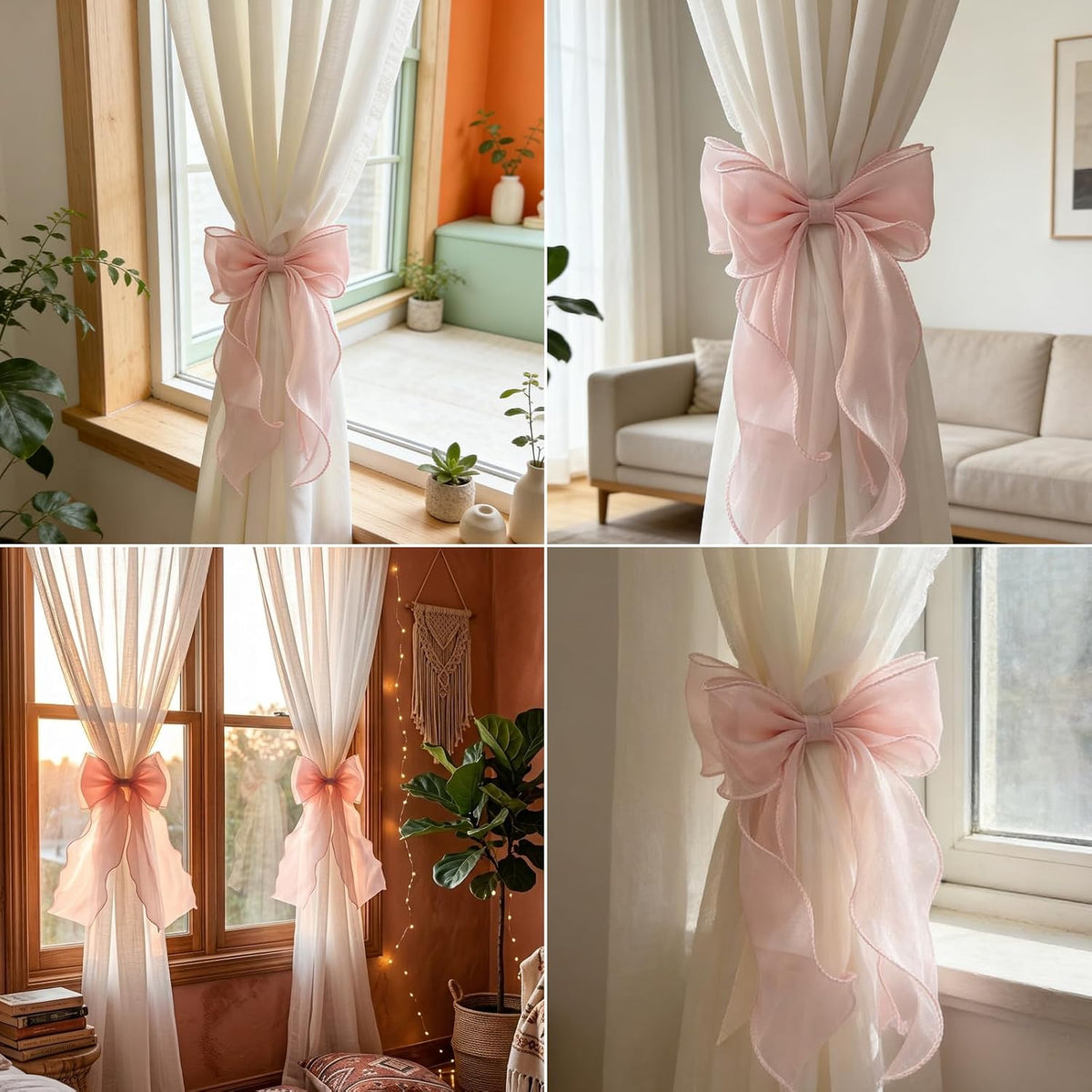 2 Pack Pink Silky Bow Curtain Tiebacks, French Elegant Lace Ribbon Curtain Holdbacks for Pink Room Decor Party Wedding Birthday Decoration