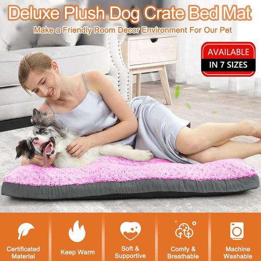 Dog Bed Medium Sized Dog, Washable Plush Pet Bed for Crate, Anti-Slip Pet Mat for Cages, Comfy Crate Pad for Outdoor/Indoor/Car Use, Soft Kennel Pad for Dogs Up to 40 lbs, 29"x19", Pink