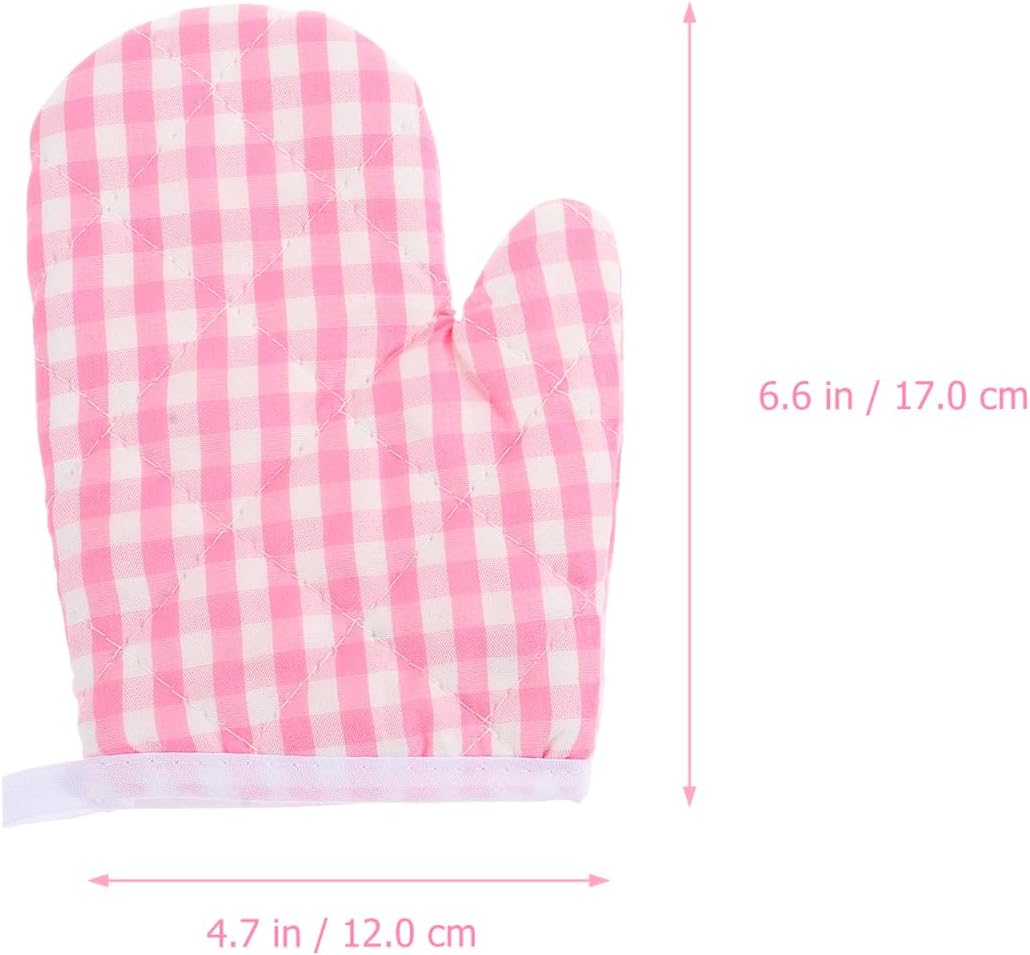 2 Pcs Kids Oven Mitts - Pink Checkered Play Kitchen Heat Resistant Baking Gloves for Toddlers Microwave Mini Cooking Mittens for Small Hands Girls Boys BBQ Grilling 17 x 12 Cm