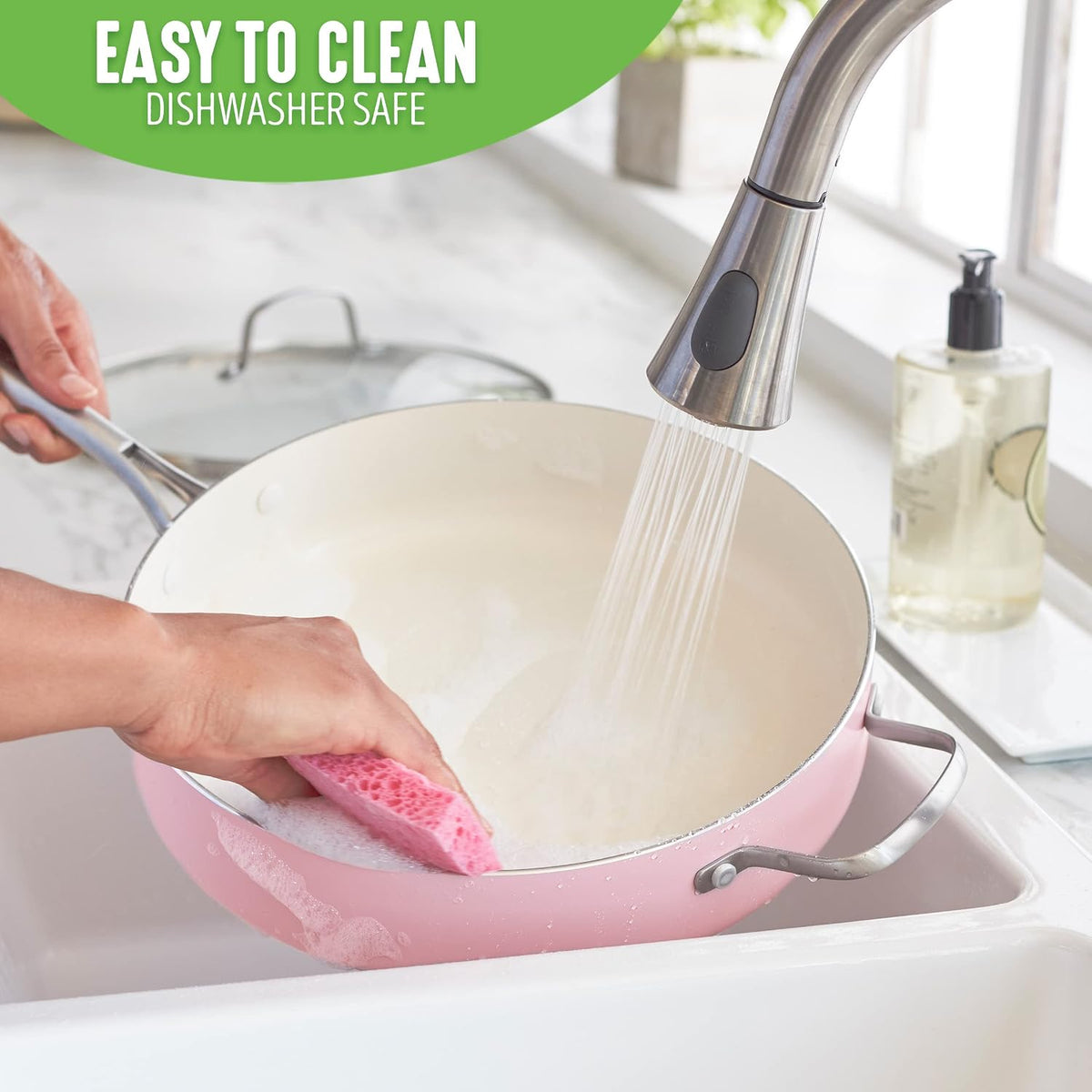 Artisan Healthy Ceramic Nonstick, 5QT Saute Pan Jumbo Cooker with Helper Handle and Lid, Stainless Steel Handle, Induction, PFAS-Free, Dishwasher Safe, Oven Safe, Pink