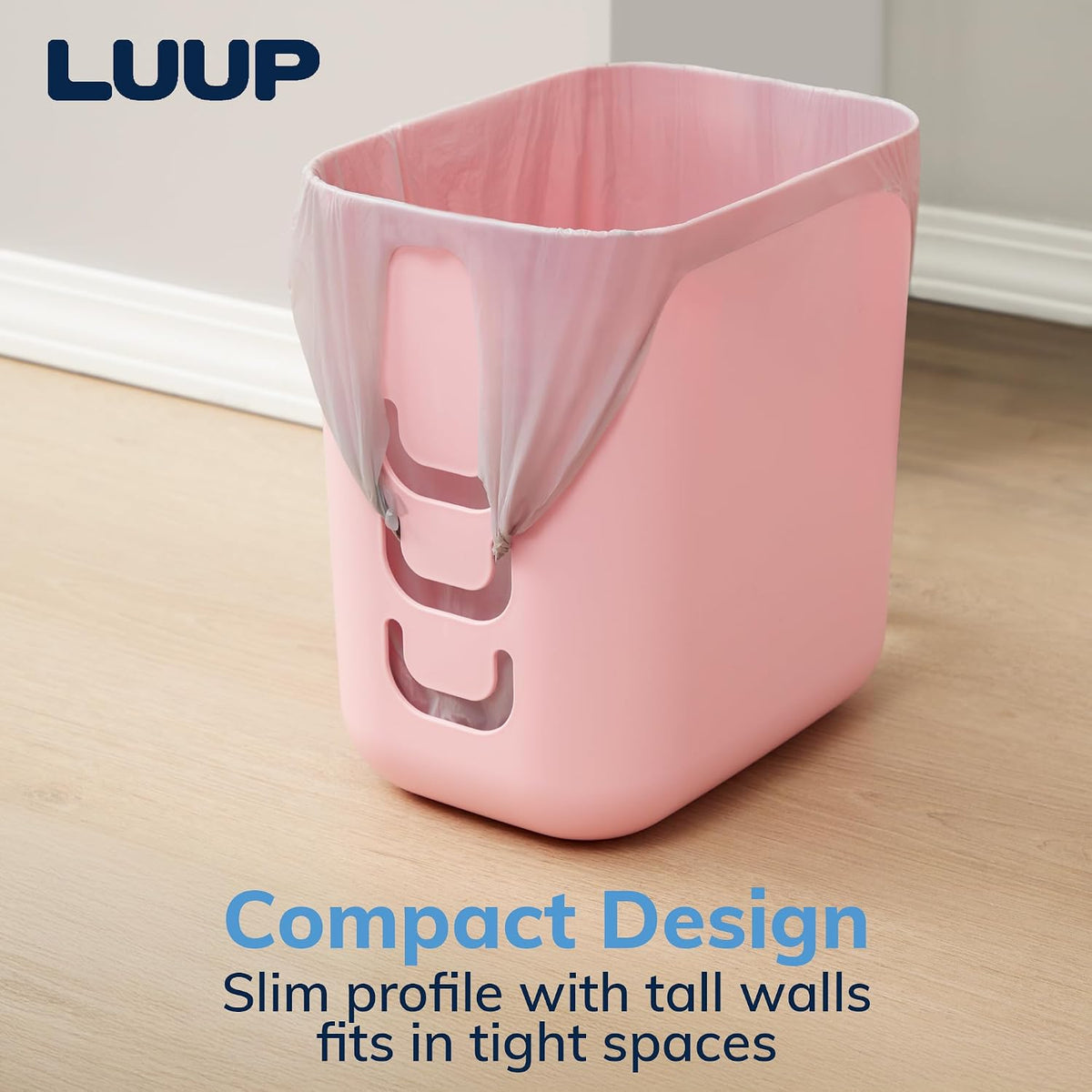 Luup Bathroom Wastebasket, Secure Grocery Bags, Plastic Garbage Container for Vanity, Laundry Room, Kitchen, Office, 2.5 Gallon, Pink, Made in USA