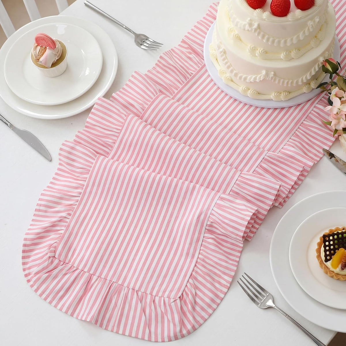 Pink Ruffled Table Runner 72", Vertical Stripe