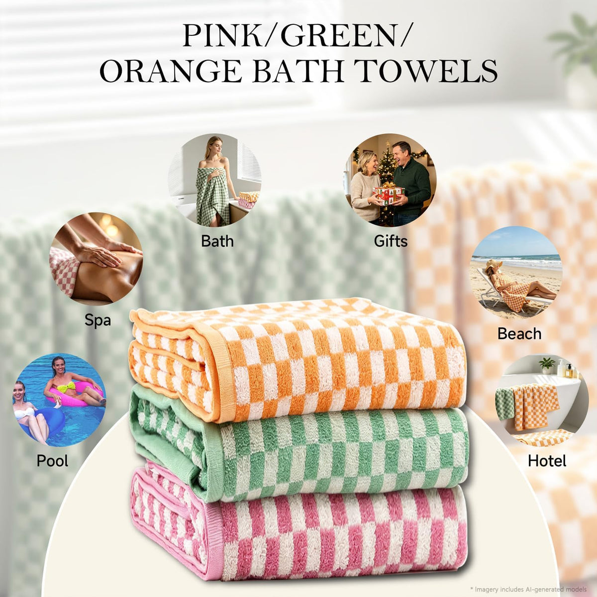 Checkered Bath Towels Set of 3, 100% Cotton Bath Towels Large, 600GSM, 55 * 28 in, Luxury Shower Towels for Bathroom, Soft Absorbent Quick-Dry(Orange+Dark Green+Pink)