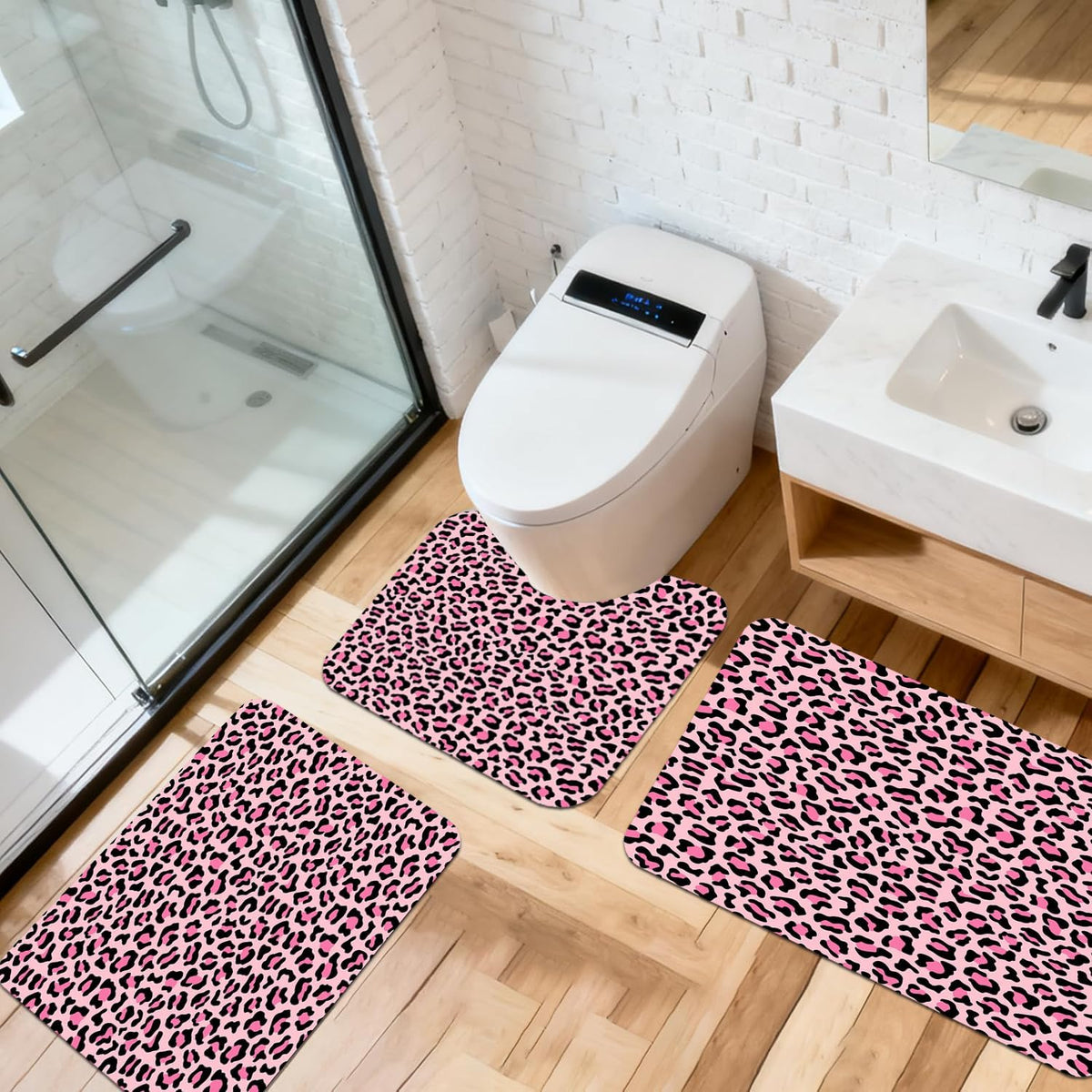 3Pcs Pink Leopard Print Bathroom Mat Set, Cute Girly Cheetah Rugs