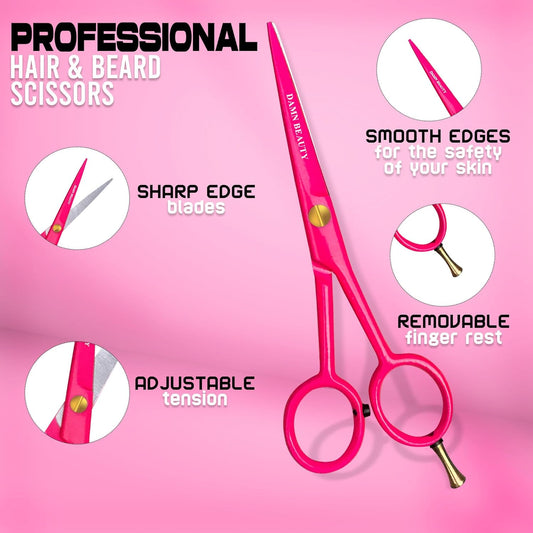 5.5"Professional Hair and Beard Scissor For Men & Women German Shears Use for Facial Hair, Trimming, Grooming, Cutting, and Styling of Beard (Pink)