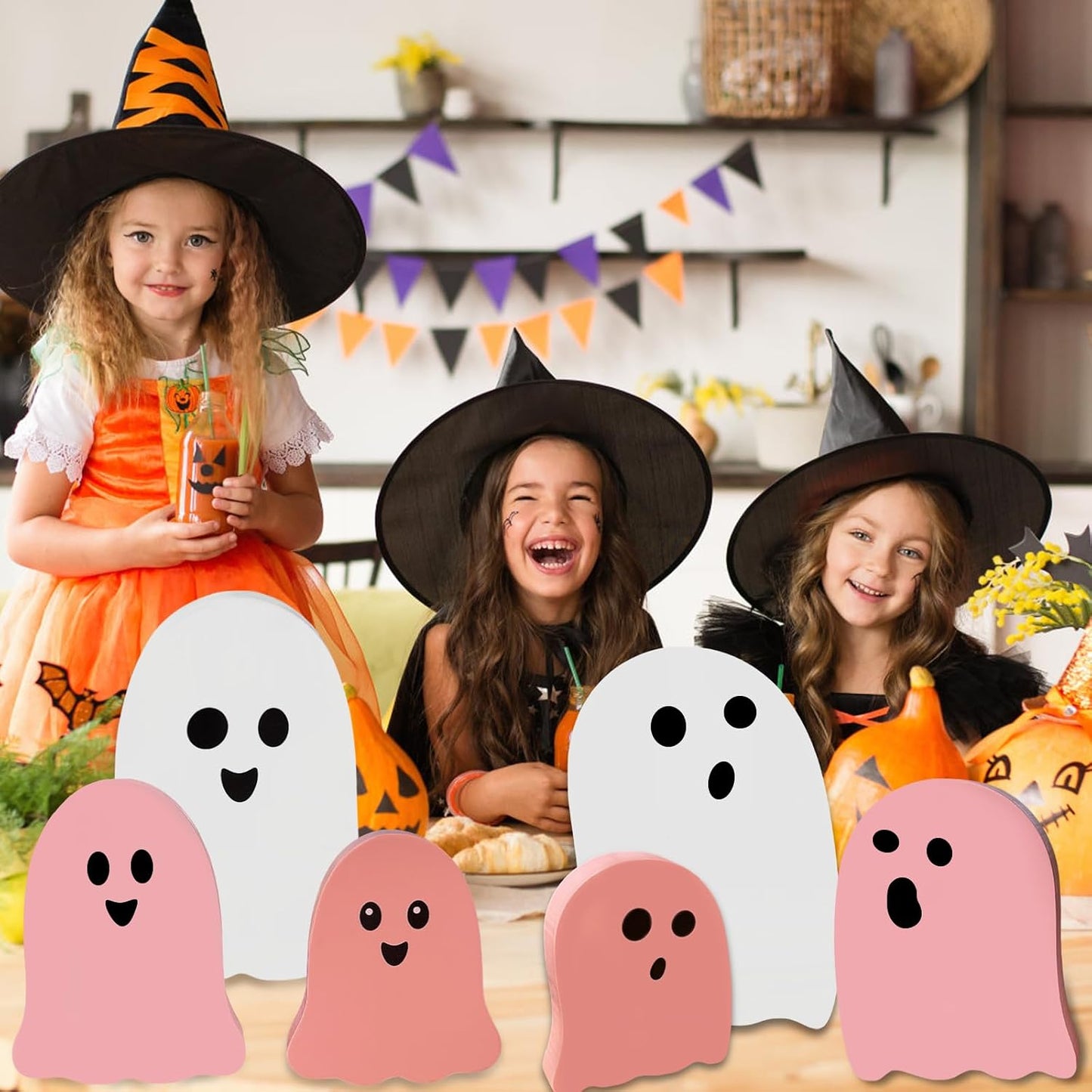 Cute Ghost Halloween Decorations Indoor: 6PCS Wooden Ghost Decor Pink Halloween Decor Table Signs for Party Home Mantel Display