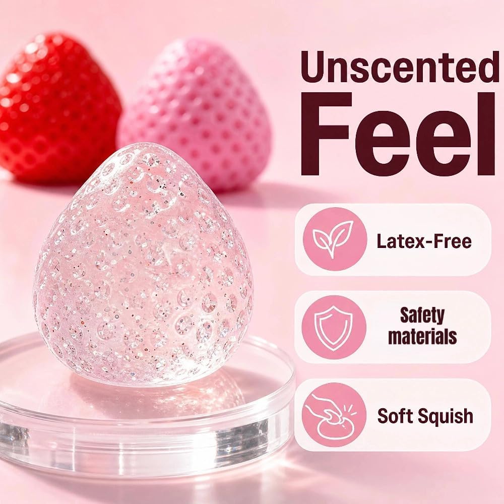 Handmade Strawberry Taba Squishy Toys: 3Pcs Ultra Squishies Squishy Fidget Toys Kawaii Squeeze Toys for Kids and Adults,Relieves Stress Anxiety Gifts for Birthday,Party (Pink Red Transparent Powder)