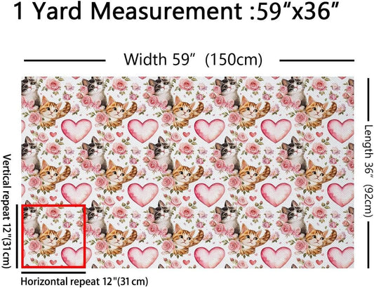 Cute Cat Fabric by The Yard,Lovely Kitten Pet Animals Decor Fabric for Sewing Supplies,Pink Rose Flower Fabrics Soft Polyester No Stretch,Pink 1 Yard,36" L x 59" W