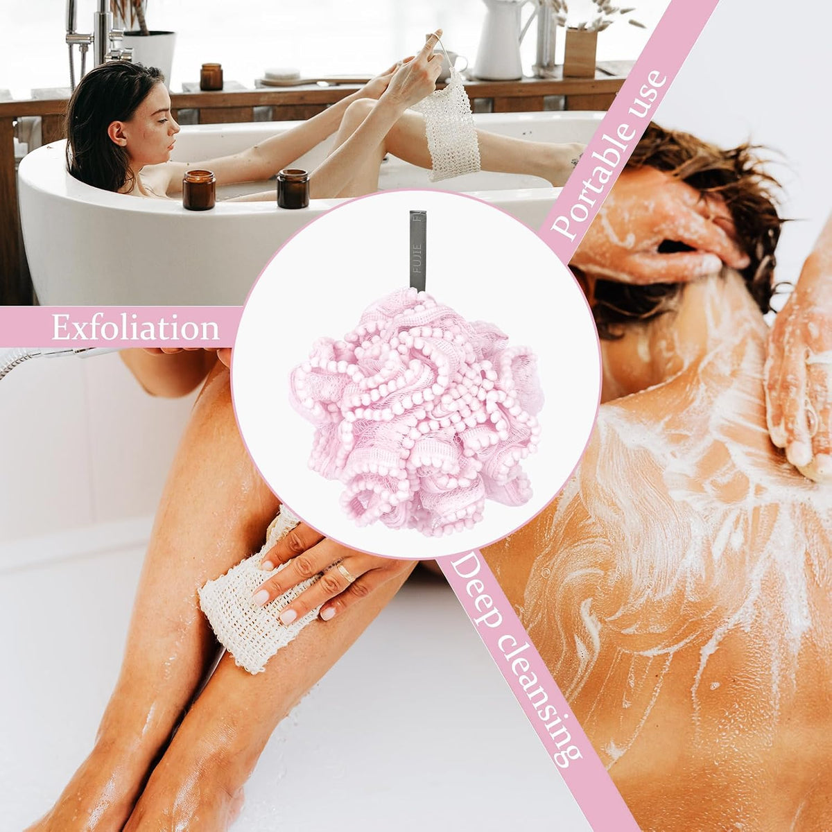 Pink Loofah, Shower Bath Spong, Soft Shower Loofahs Balls, Globose lace Shower Ball, for Body Wash Scrubber Cleaning Loofah Bathroom Accessories (2Pcs Pink)