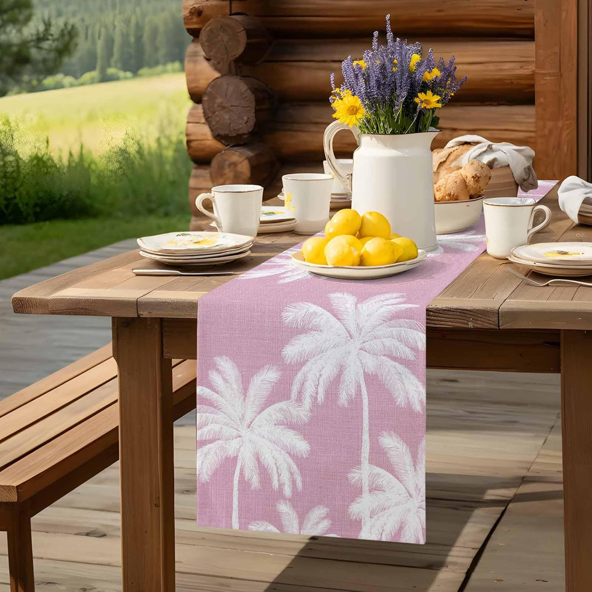 Peach Pink Palm Tree Table Runner 90 Inches, Summer Botancial Tropical Farmhouse Bed Runner Dresser Scarves Tabletop for Indoor Outdoor Parties/Ceremony/Banquet, 13 x 90