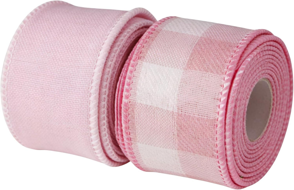 Meseey 1.5 Inch Pink Wired Ribbon Set, 2 Rolls Total 10 Yards Solid Light Pink & Pink White Buffalo Check Wired Edge Ribbon for Wreaths, Bows, Gift Wrapping, Baby Shower & Spring Decor