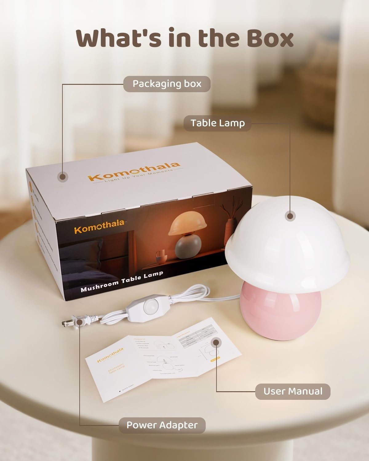Glass Mushroom Lamp, Dimmable Bedside Table Lamp (Pink)