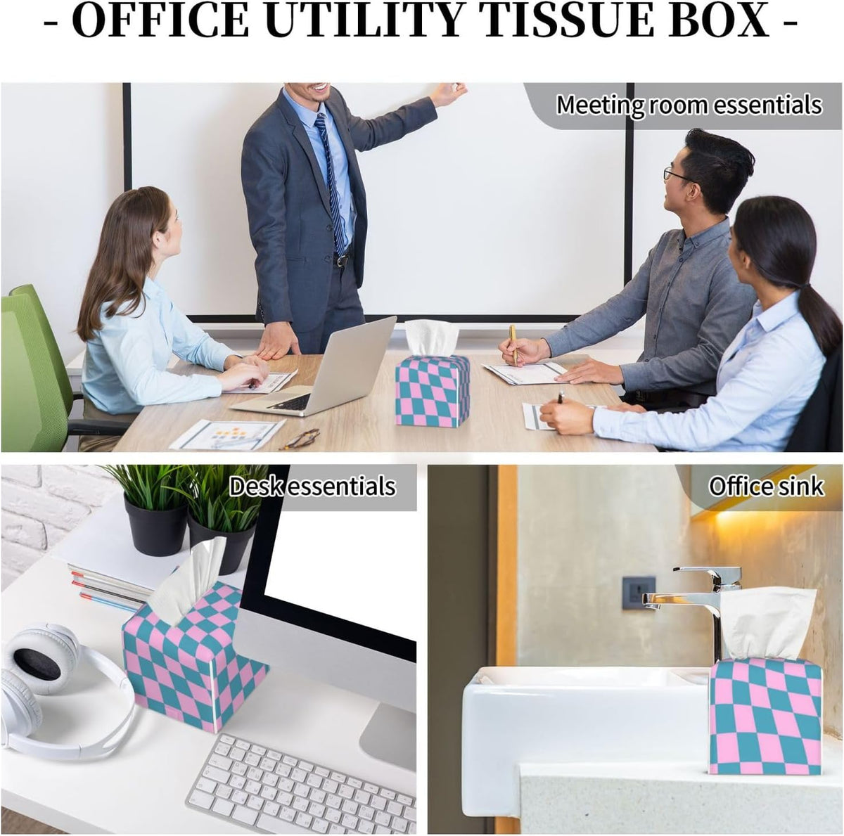 Blue Pink Checkered Warped Checkerboard Tissue Box Cover Square PU Leather Tissue Holder for Tabletop, Bathroom, Office