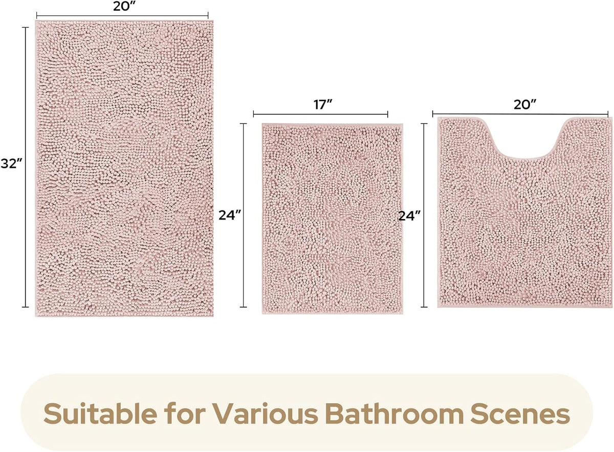 Dusty Pink Chenille Bathroom Rugs Set of 3, Non Slip Bath Mat