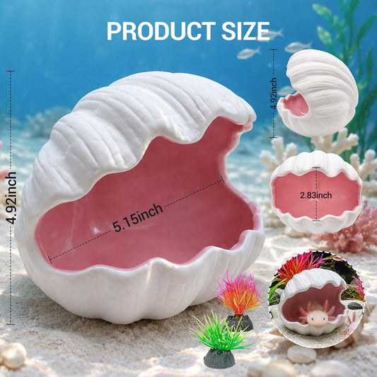 Axolotl Tank Accessories - Extra Large Ceramic Fish Tank Cave with 2PCS Artificial Plants, Double Sided Glaze Shell Shape Hideout, Aquarium Hides Cave Decor Shelter for Betta, Pet Frog, Fish(Pink)