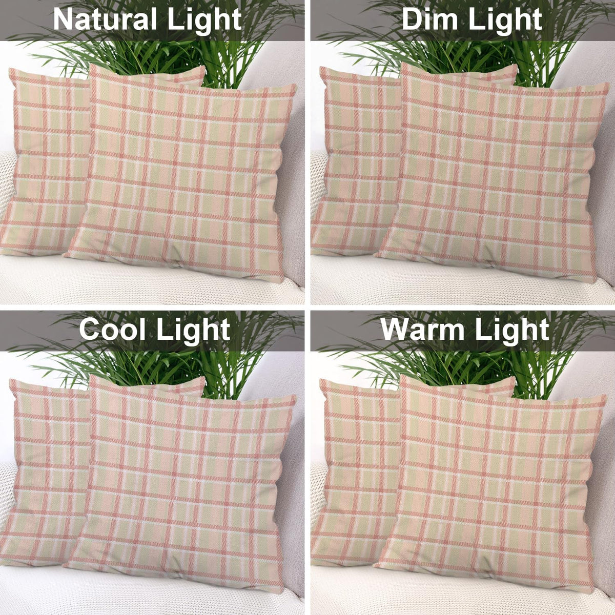 Pastel Coral Peach Linen Throw Pillow Covers, Pink Tartan Plaid Abstract Apricot Cushion Covers Colorfast Digital Printing Water Resistant for Outdoor/Indoor Invisible Zipper 16X16 in