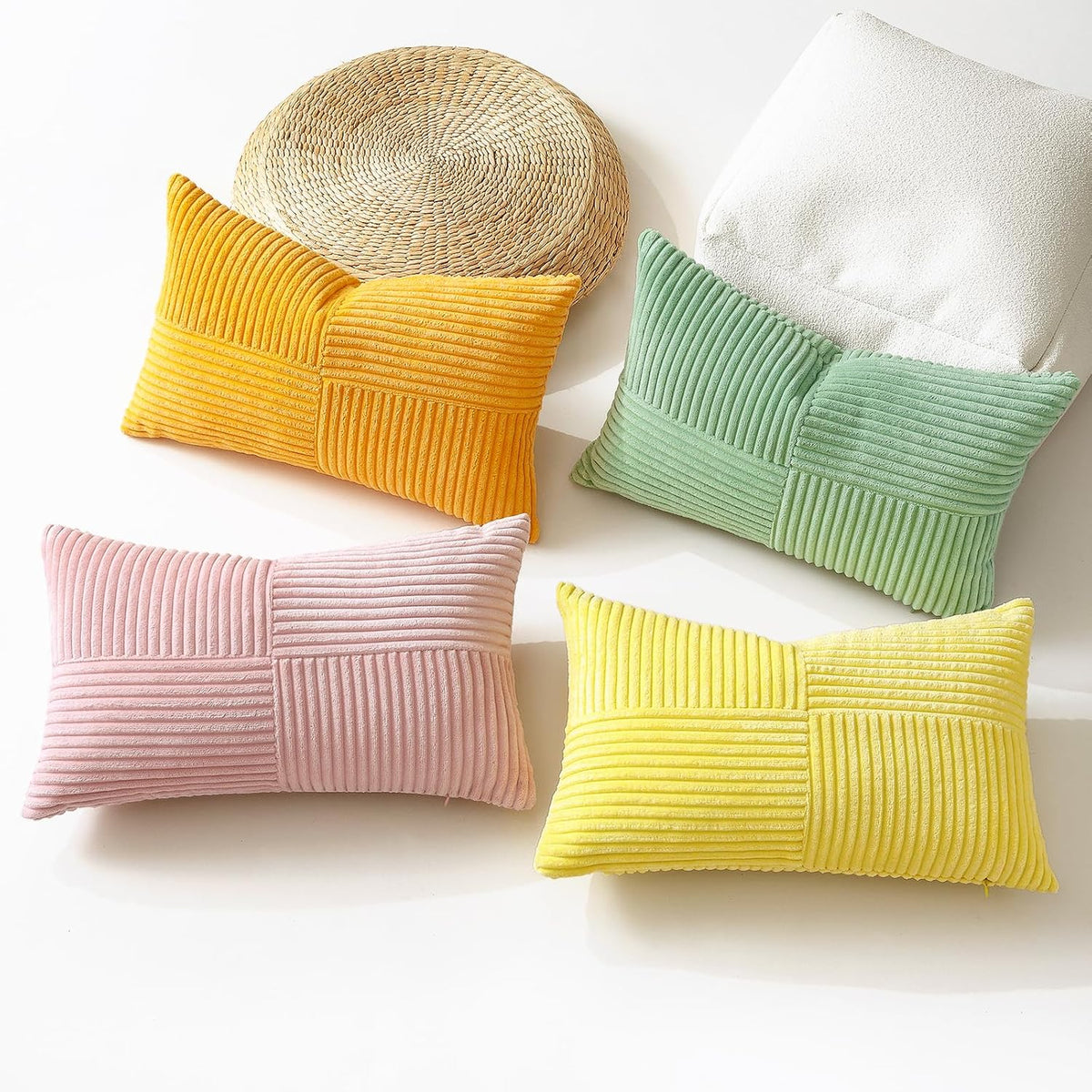 Set of 1 Decorative Throw Pillow Cover Soft Corduroy Solid Lumbar Pillow Cases Farmhouse Boho Striped Cross Patchwork Textured Cushion Cover for Sofa Car Bed Living Room 12x20 Inch, Pink
