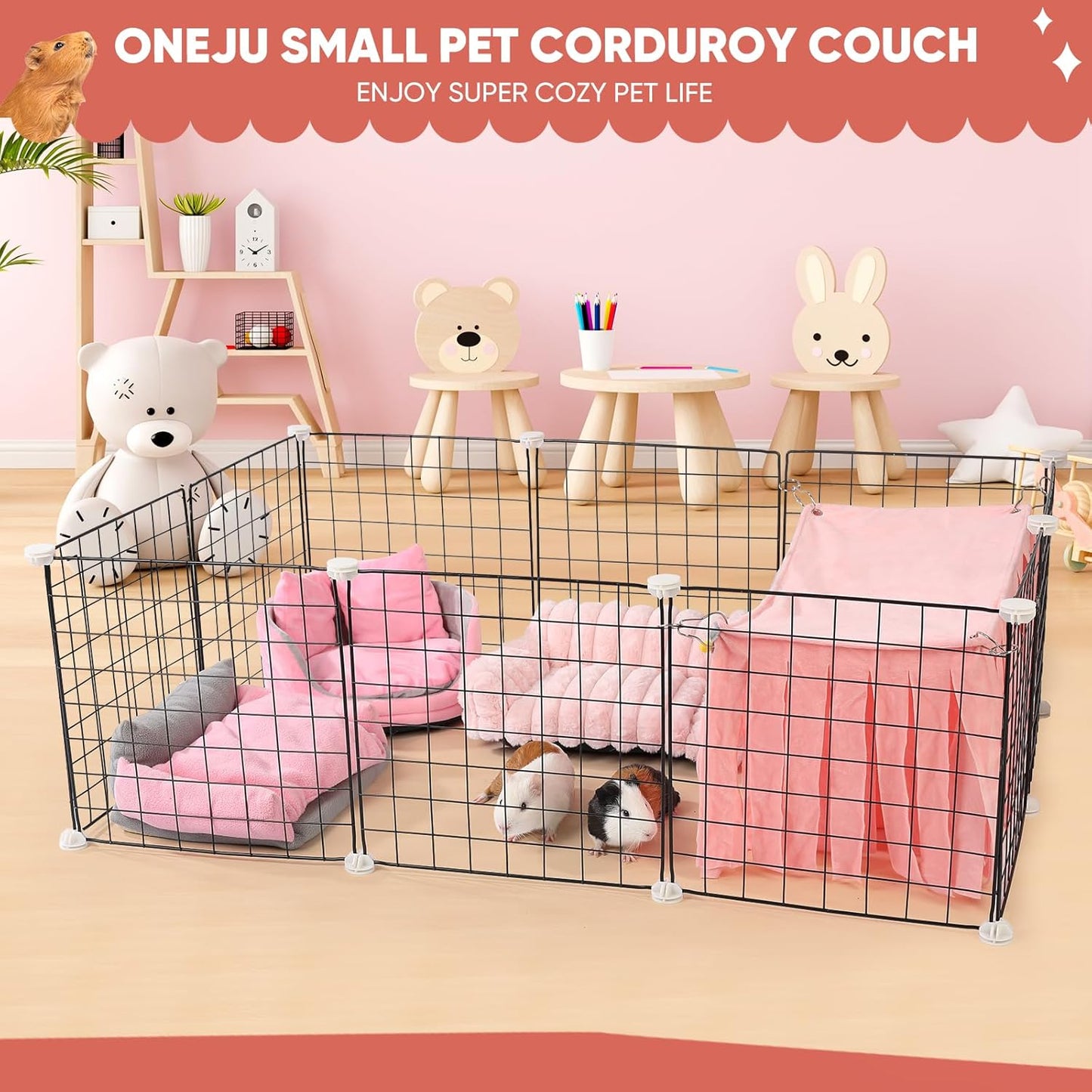 Guinea Pig Couch - Fluffy Small Pet Sofa with with Two Removable Washable Covers, Guinea Pig Bed with Stuffed Arms and Back, Super Cozy Corduroy Fleece, Pink and Dark Gray Respectively