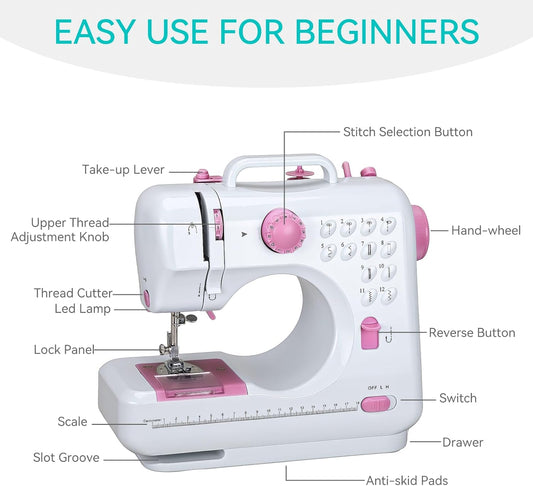 Mini Sewing Machine for Beginners, Portable with Dual Speed, 12 Stitches, Foot Pedal and Accessories Kit for Home Quick Repairs DIY Crafts & Gift, Pink