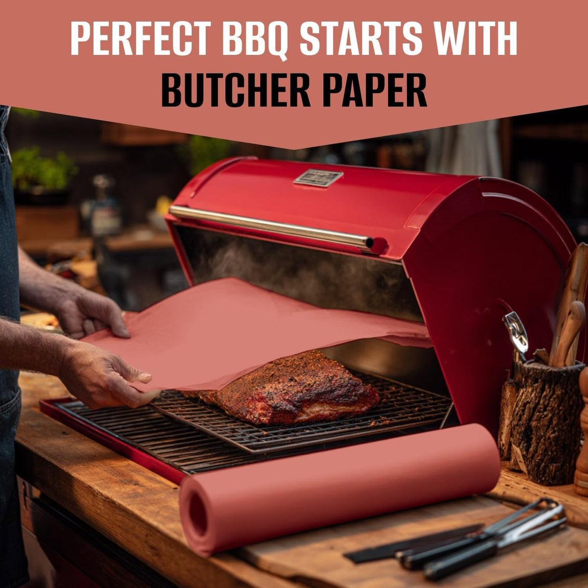 24" x 100' Made in USA Pink Butcher Paper Roll - Food-Grade, Breathable Peach Butcher Paper - Perfect for BBQ, Smoking Meat, Wrapping Brisket & Protecting the Bark