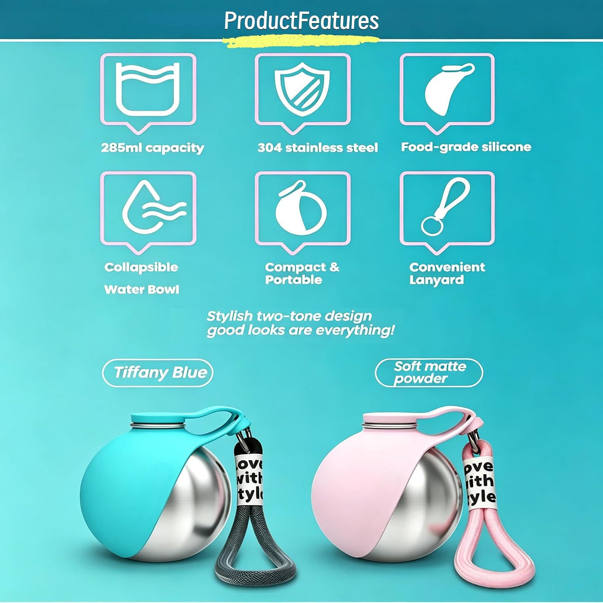 2-in-1 Dog Water Bottle - Portable Pet Travel Flask with Bowl -Pink