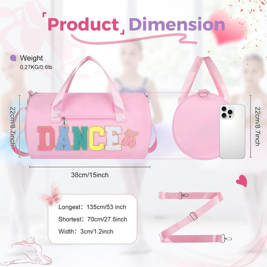 Dance Bag for Girls, 23L Waterproof Travel Duffel Bag with Colorful Chenille Letter, Lightweight Small Gym Sport Ballet Bag with Large Main Compartment 15"Lx9"Wx9"H - Light Pink