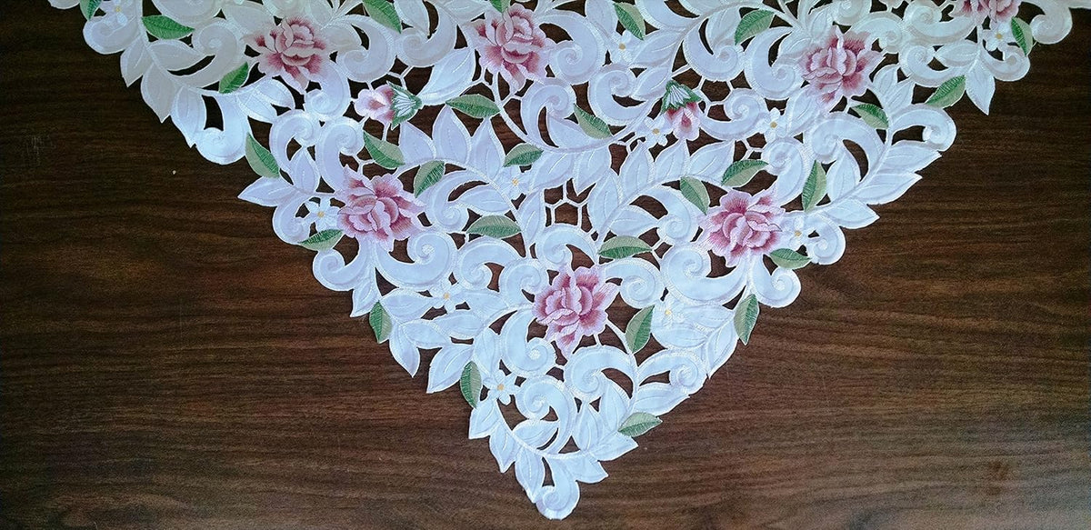 Fireplace Mantel Runner with Light Pink Cutwork Roses Size 84 x 27 inches Handmade