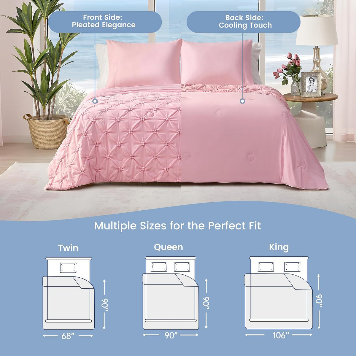Elegant Pintuck Cooling Comforter King Size, Blush Pink
