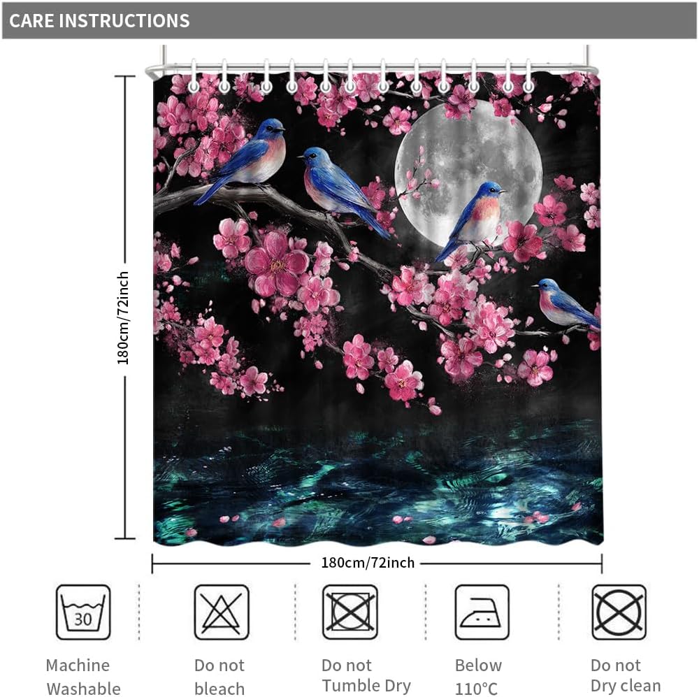 Pink Cherry Blossom Moon Bird Shower Curtain