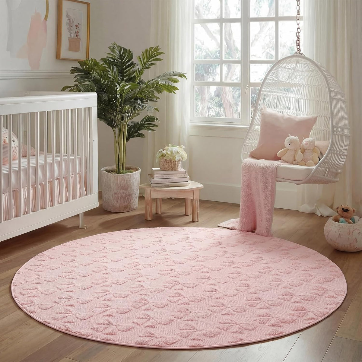 3D Bow Round Rug for Girls, Pink Fleece Circle Carpet 4 ft