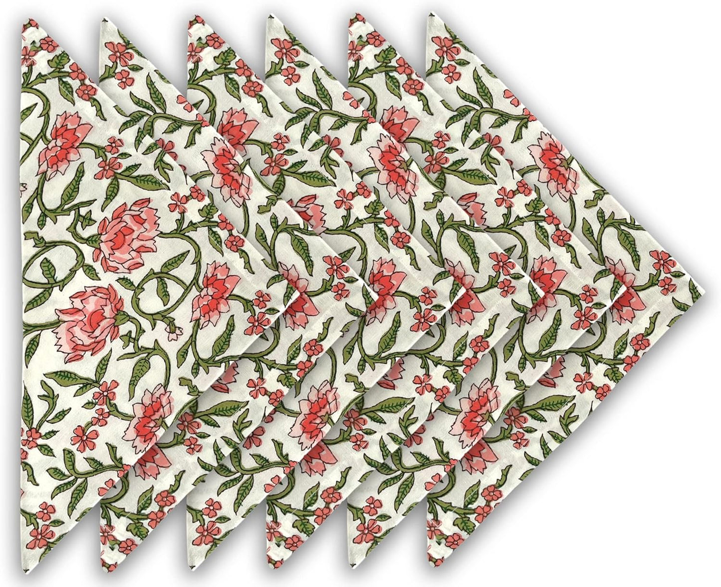 Craftbot Cotton Print Dinner Napkins 18x18 inches - Washable Cloth Napkins Set of 6 - Everyday Use or Dinner Party and Events - White Peach Indian Block Printed Fabric