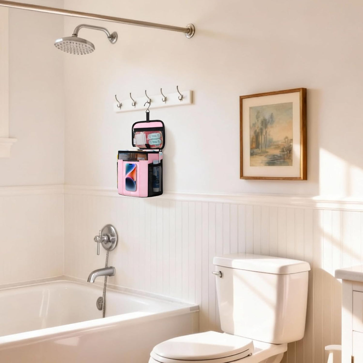 Mesh Shower Caddy, Hanging Bathroom Organizer with PVC Phone Bag