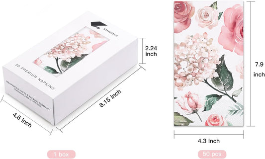 WRAPAHOLIC 50Pcs Watercolor Floral Napkins - 3-Ply Guest Disposable Hand Towels for Bathroom, Wedding Bridal Baby Shower Tea Party Birthday - 4.3 x 7.9 In