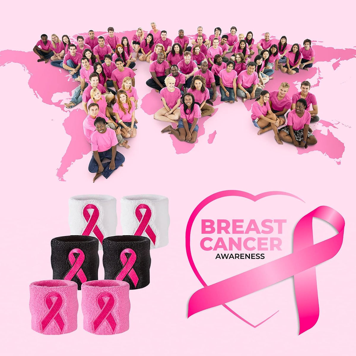 Pink Ribbon Wristbands - Bulk Breast Cancer Awareness Sweatbands